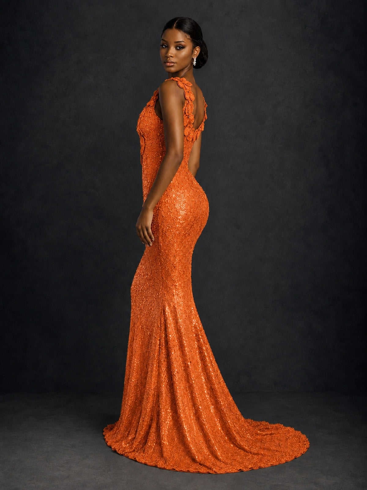 Gold Sequin Floral Applique Mermaid Prom Dress