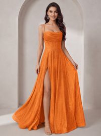Sparkly Cowl Neck Corset Long Prom Dress with Slit A-line Tulle Ball Gown