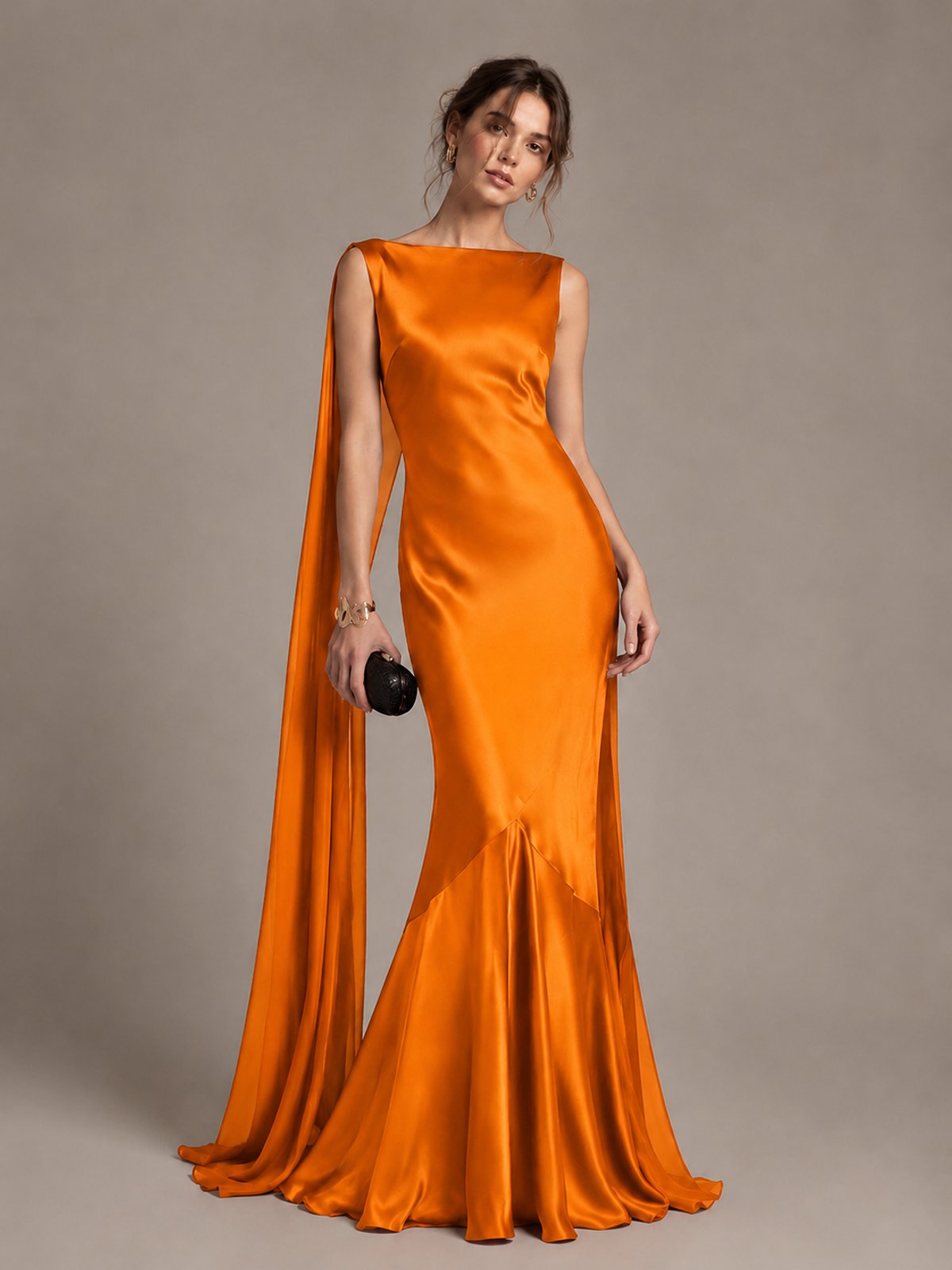 Burgundy Satin Mermaid Cape Maxi Dress