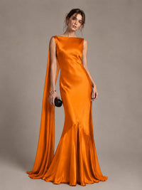 Burgundy Satin Mermaid Cape Maxi Dress