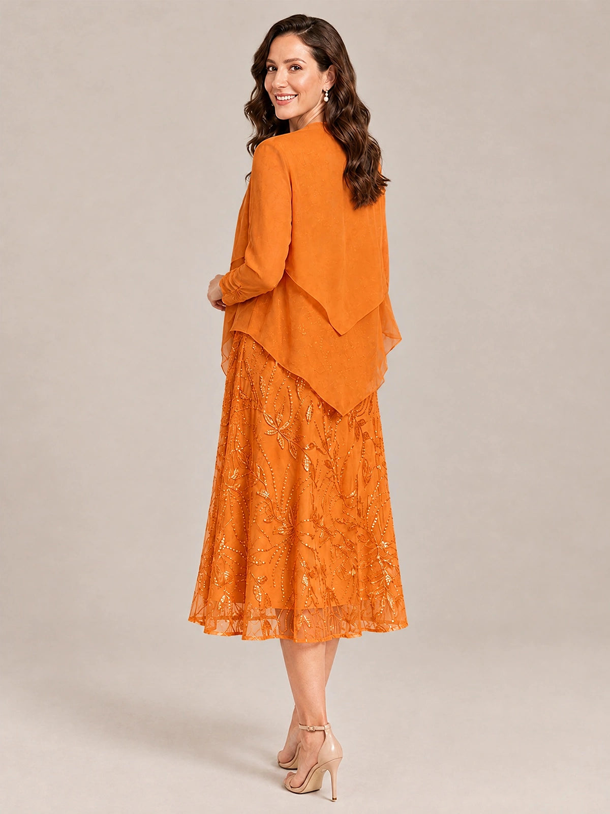 Tea Length Sequin Lace Mother of the Bride Dress with Chiffon Jacket