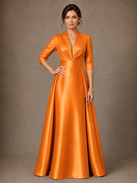 V-Neck Pleated Satin Mother of the Bride Gown with 3/4 Sleeves