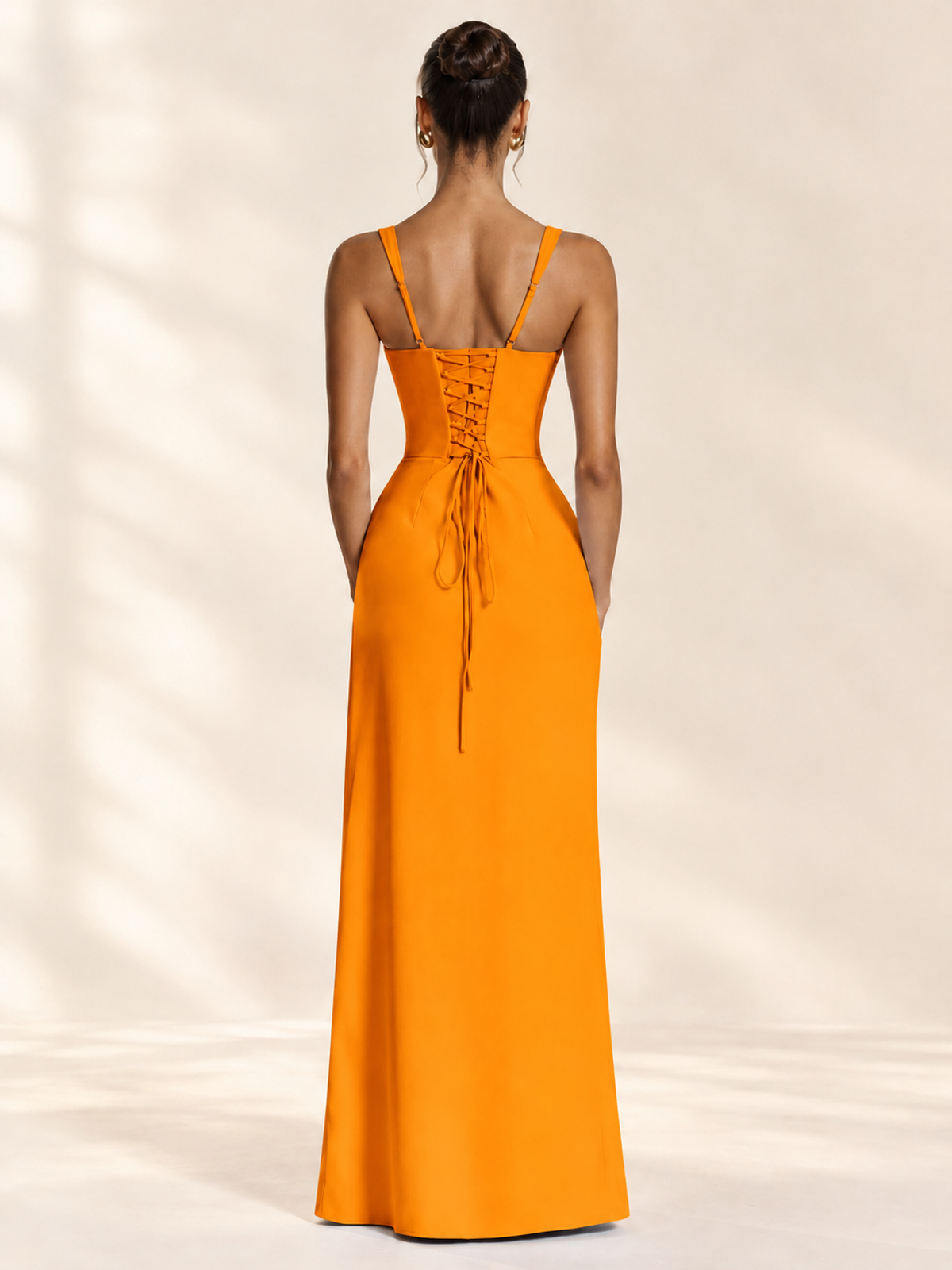 Square Neck Satin Sleeveless Ruched Prom Dress with High Slit