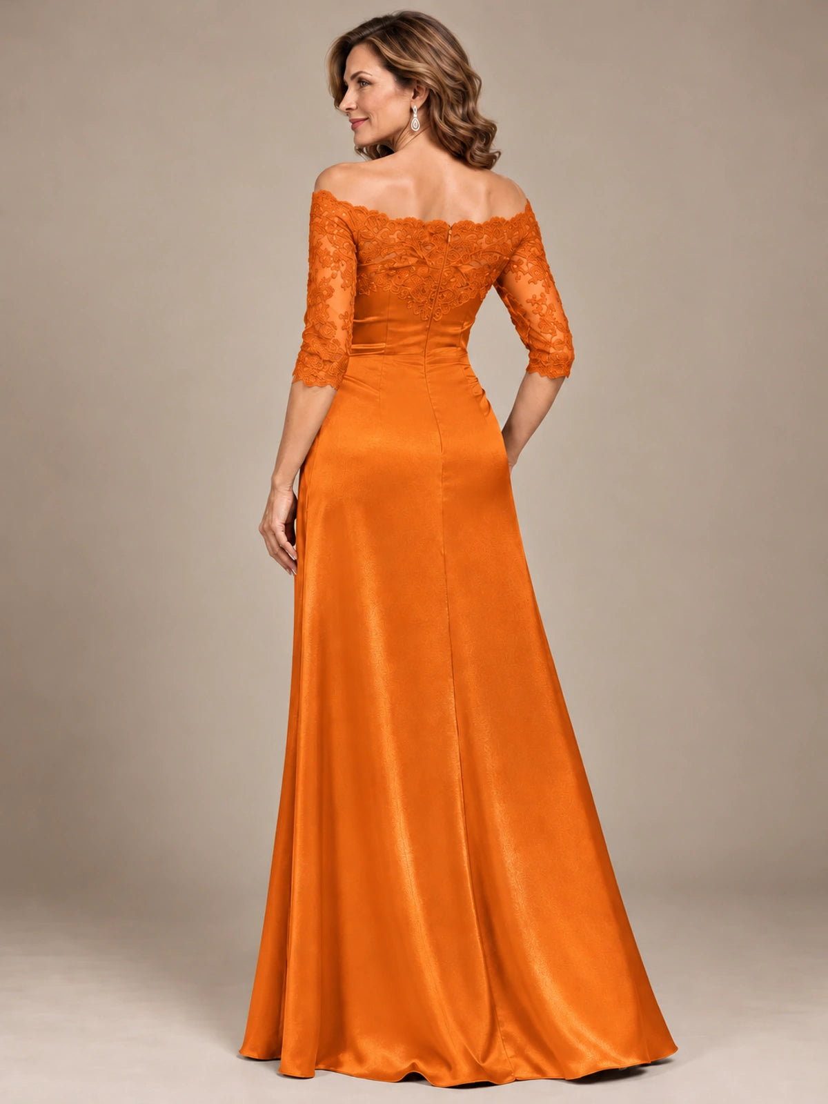 Satin Mother of the Bride Dress with Lace Sleeves Off Shoulder Formal Gown