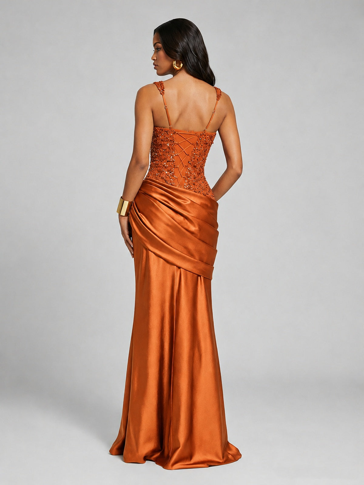 Scoop Neck Sequin Prom Dress with High Slit Satin Formal Gowns