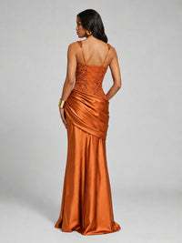 Scoop Neck Sequin Prom Dress with High Slit Satin Formal Gowns