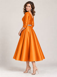 V-Neck Tea-Length Mother of the Bride Dress with Embellished Waist