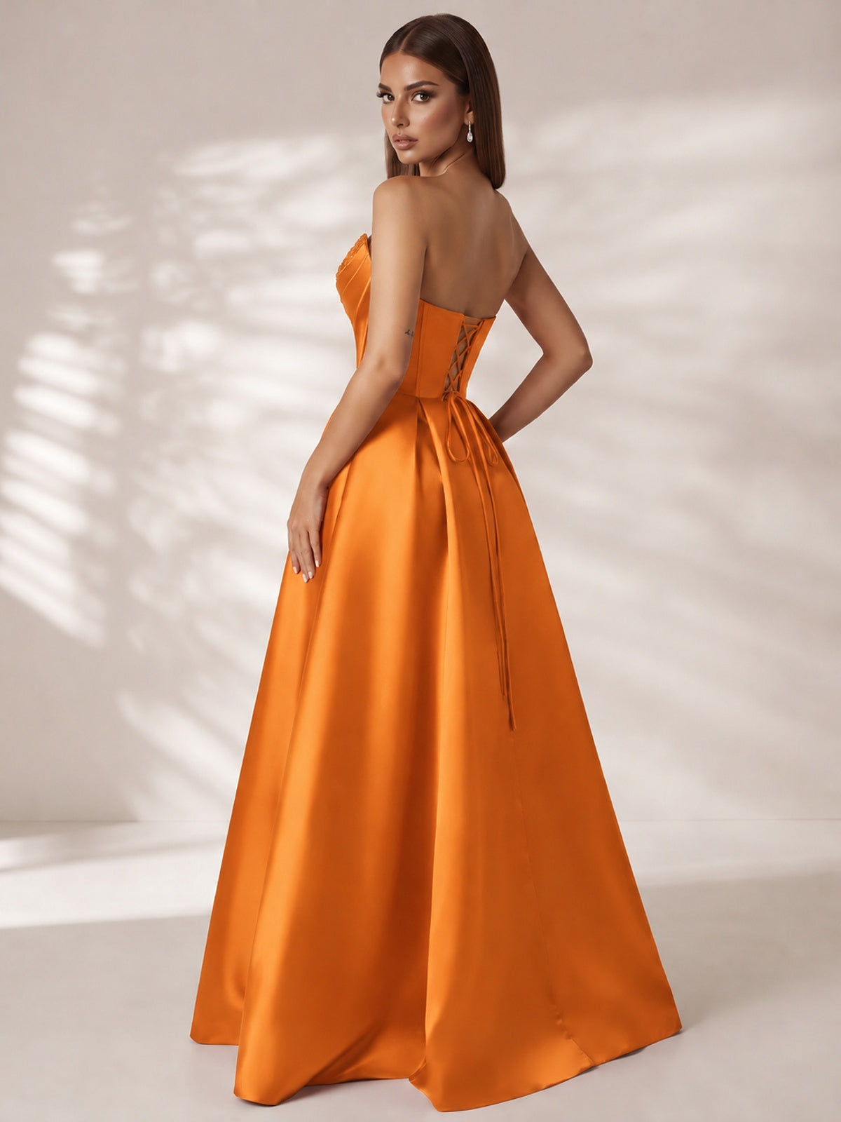 Strapless Corset Satin Prom Dress Long Evening Gown with High Slit