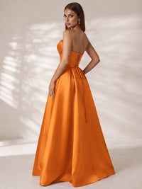Strapless Corset Satin Prom Dress Long Evening Gown with High Slit
