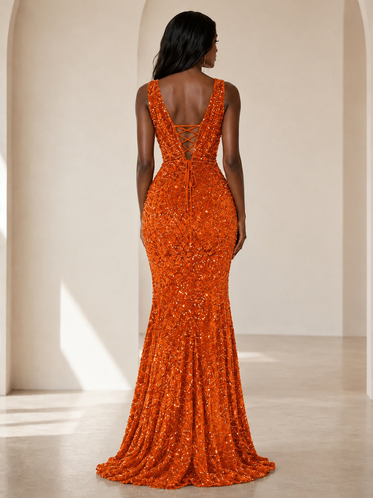 Sequin Mermaid Prom Dress with V-Neck and Ruched Waist