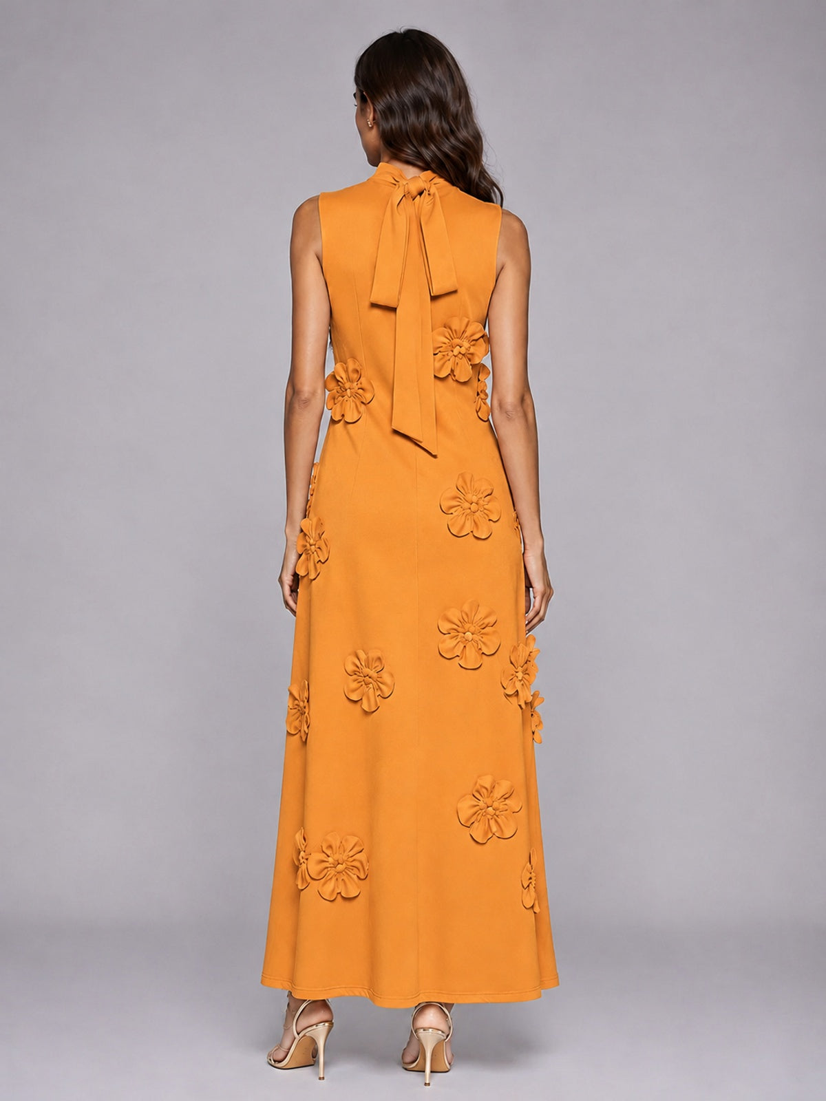 3D Floral Applique High Neck Prom Maxi Dress