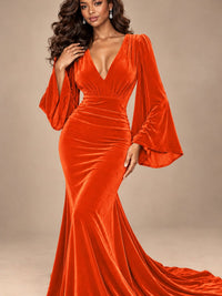 Burgundy Velvet Deep V-Neck Ruched Long Sleeve Maxi Dress
