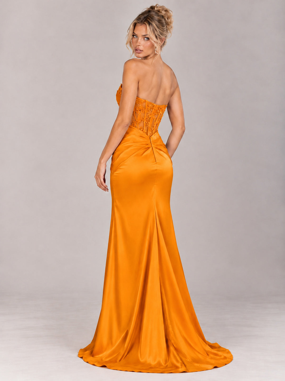 Strapless Satin Prom Dress with Sheer Lace Corset & High Slit