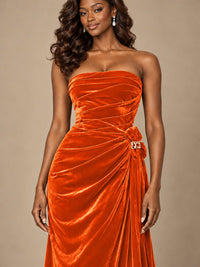 Burgundy Velvet Strapless Ruched Prom Dress with Jeweled Side Drape
