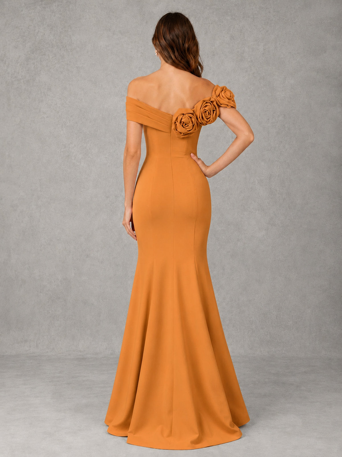 Blush Pink Off Shoulder Mermaid Bridesmaid Dress with Floral Rosette