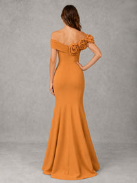 Blush Pink Off Shoulder Mermaid Bridesmaid Dress with Floral Rosette