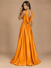 Cowl Neck Pleated Satin Prom Dress with Pockets & Slit Maxi Formal Gowns