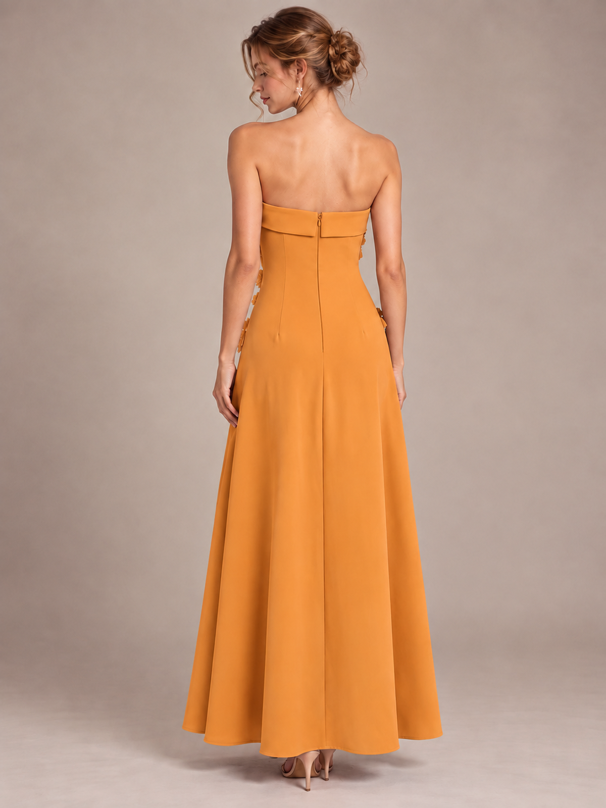 Yellow Strapless 3D Floral Appliques Maxi Dress