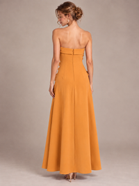 Yellow Strapless 3D Floral Appliques Maxi Dress