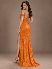 Off the Shoulder Corset Sequin Mermaid Prom Dress with Slit