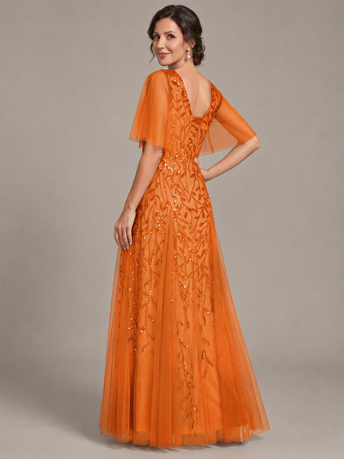 V-Neck Sequin Tulle Mother of the Bride Dress with Flutter Sleeve