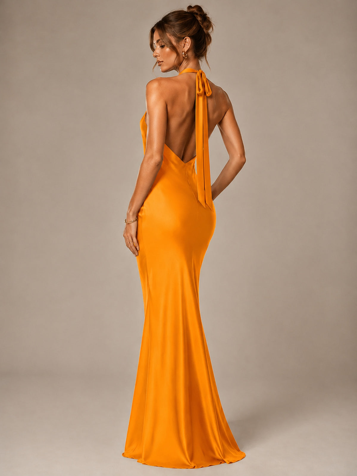 Olive Green Halter Satin Mermaid Maxi Dress