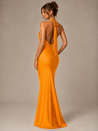 Olive Green Halter Satin Mermaid Maxi Dress