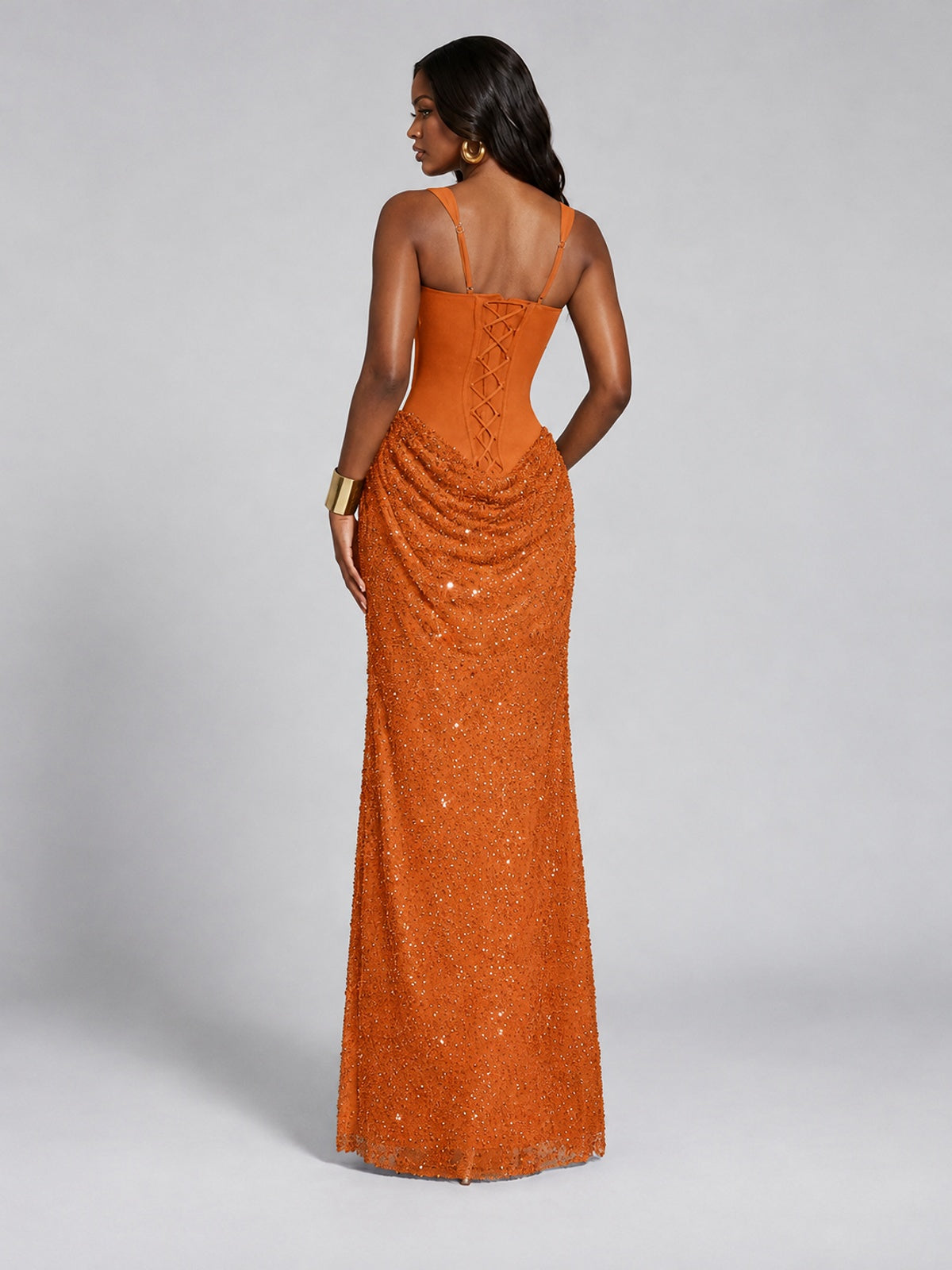 Sequin Corset Mermaid Prom Dress with Square Neck Wide Strap High Slit