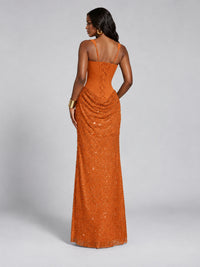Sequin Corset Mermaid Prom Dress with Square Neck Wide Strap High Slit