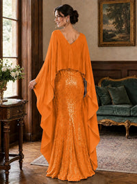 Sequin 2 Pieces Mother of the Bride Dress with Cap Sleeves Chiffon Formal Gowns