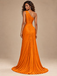 Burgundy One Shoulder Ruched Prom Dress with High Slit & Beaded Waist