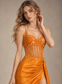 Mermaid Satin Prom Dress with Floral Appliqué Corset and High Slit