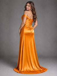 Off Shoulder Satin Maxi Dress with Slit