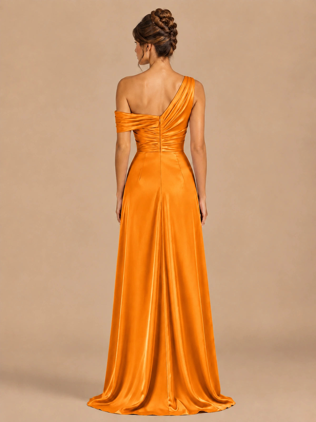 Satin One Shoulder Prom Dress Ruched Long Formal Evening Gown