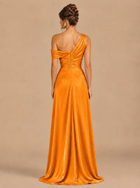 Satin One Shoulder Prom Dress Ruched Long Formal Evening Gown