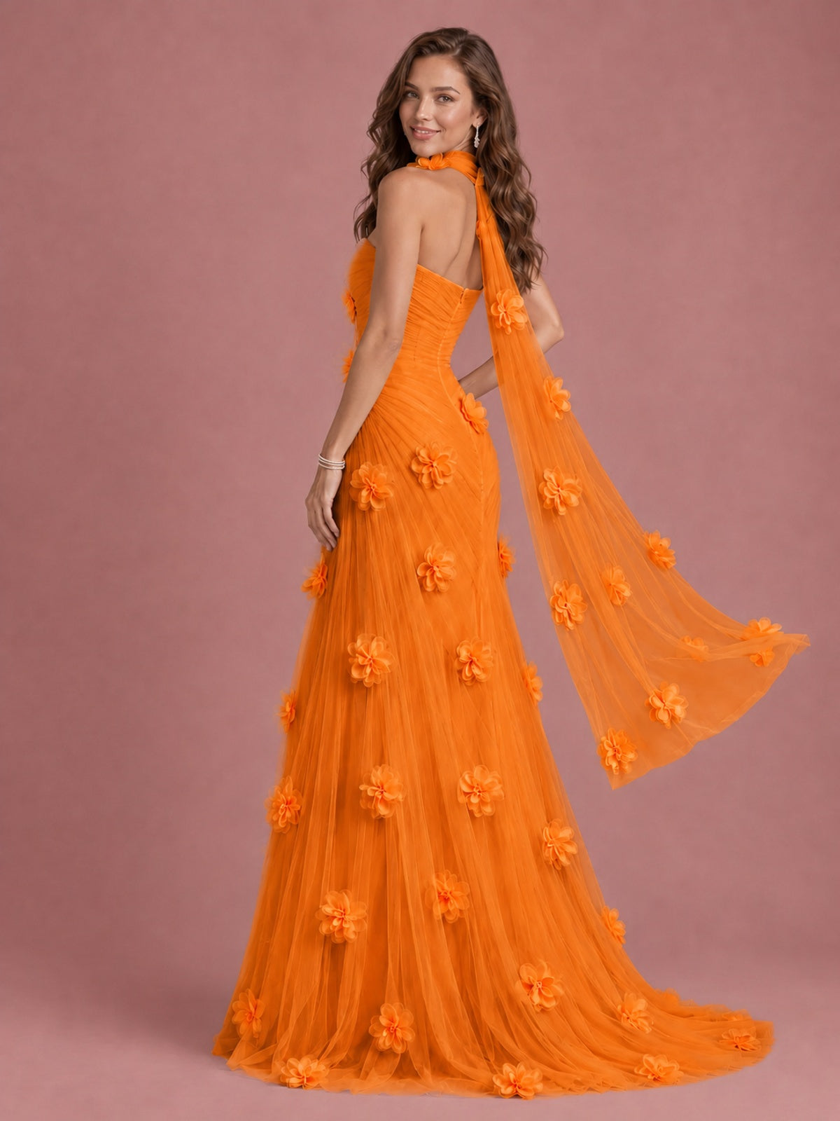 Blush Pink Strapless Sweetheart 3D Floral Tulle Mermaid Prom Dress