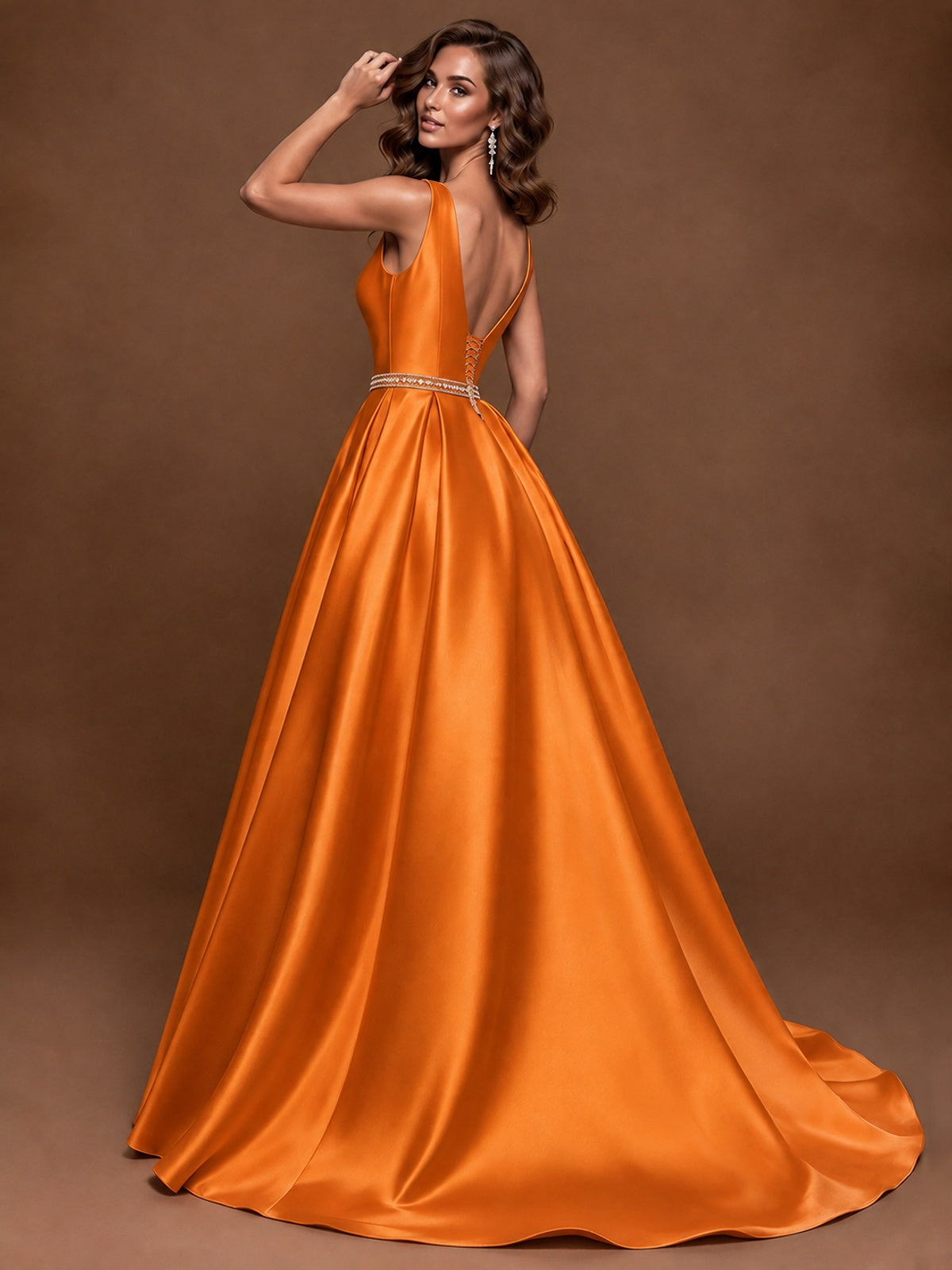 Satin A-Line Prom Dress Sleeveless Beaded Waist Formal Gown with Pockets