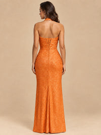 Halter V-Neck Sequin Mermaid Prom Dress with High Slit