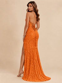 Sequin Lace Appliques Mermaid Prom Dress Spaghetti Strap Formal Gowns with Slit
