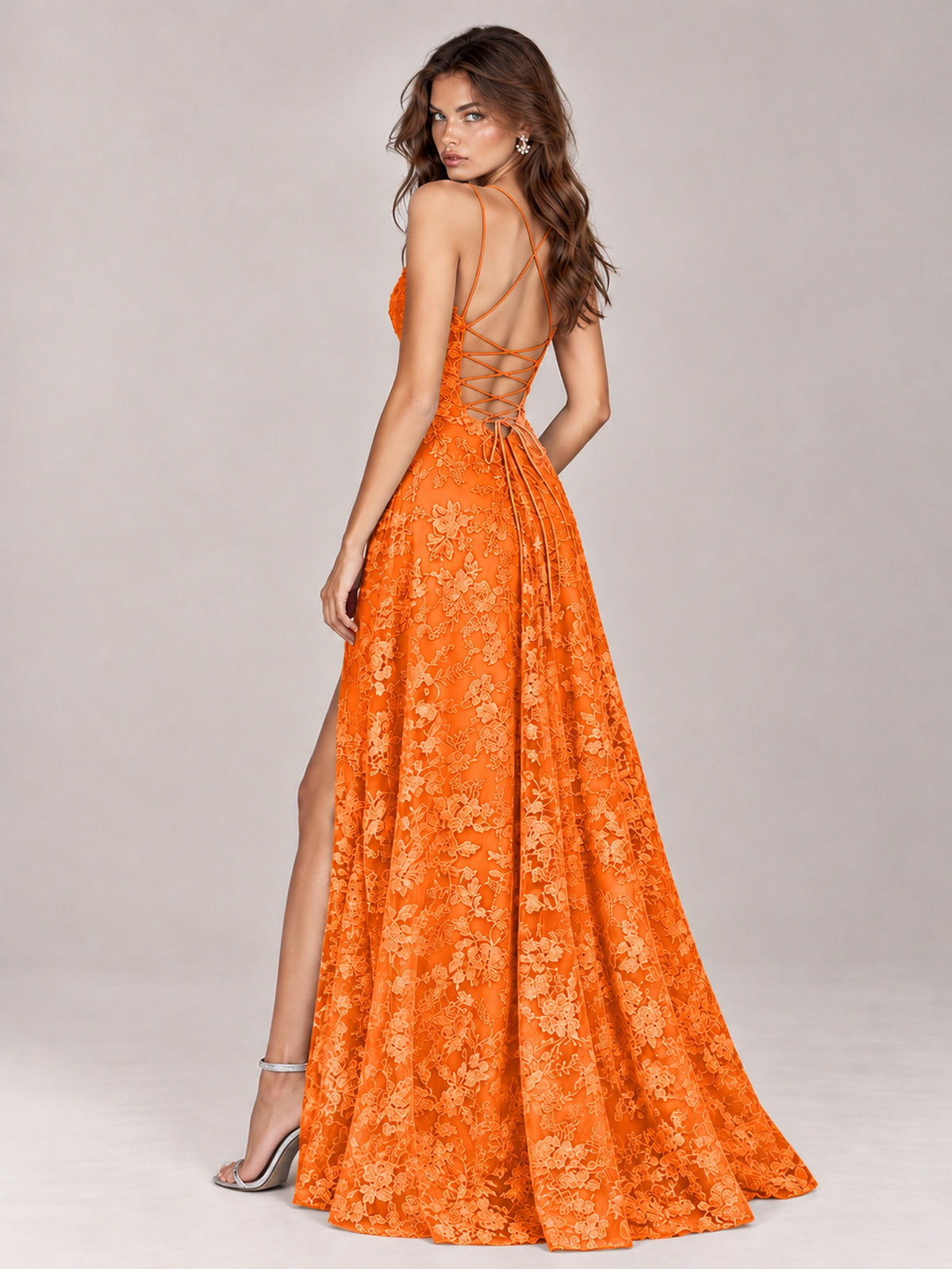 Floral Lace A-Line Prom Dress with Spaghetti Straps & High Slit