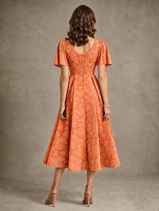 V-Neck Floral Jacquard Tea-Length Mother of the Bride Dress