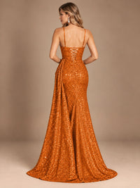 Burgundy Sequin Corset Prom Dress with High Slit