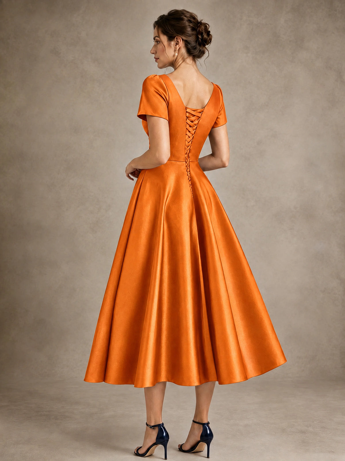 V-Neck Tea-Length Satin Mother of the Bride Dress with Bow