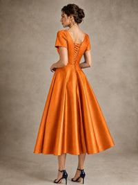 V-Neck Tea-Length Satin Mother of the Bride Dress with Bow