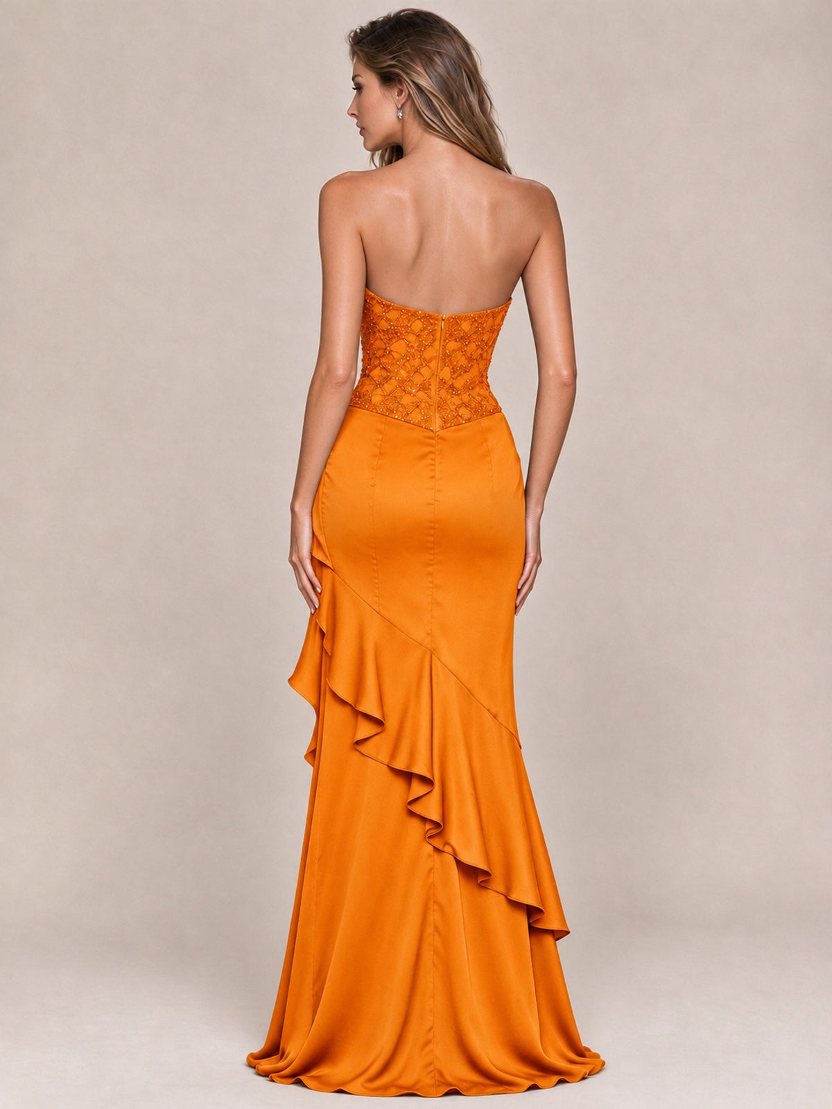 Strapless Lace Appliques Corset Satin Prom Dress Ruffle Slit Evening Gown