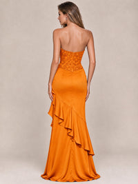 Strapless Lace Appliques Corset Satin Prom Dress Ruffle Slit Evening Gown