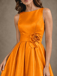Tea-Length Satin Mother of the Bride Dress with 3D Flower Detail
