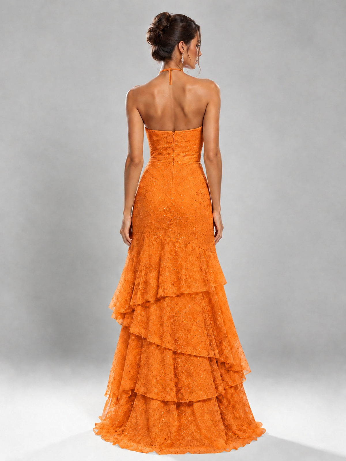 Halter Tiered Mermaid Prom Dress with Sparkly Lace