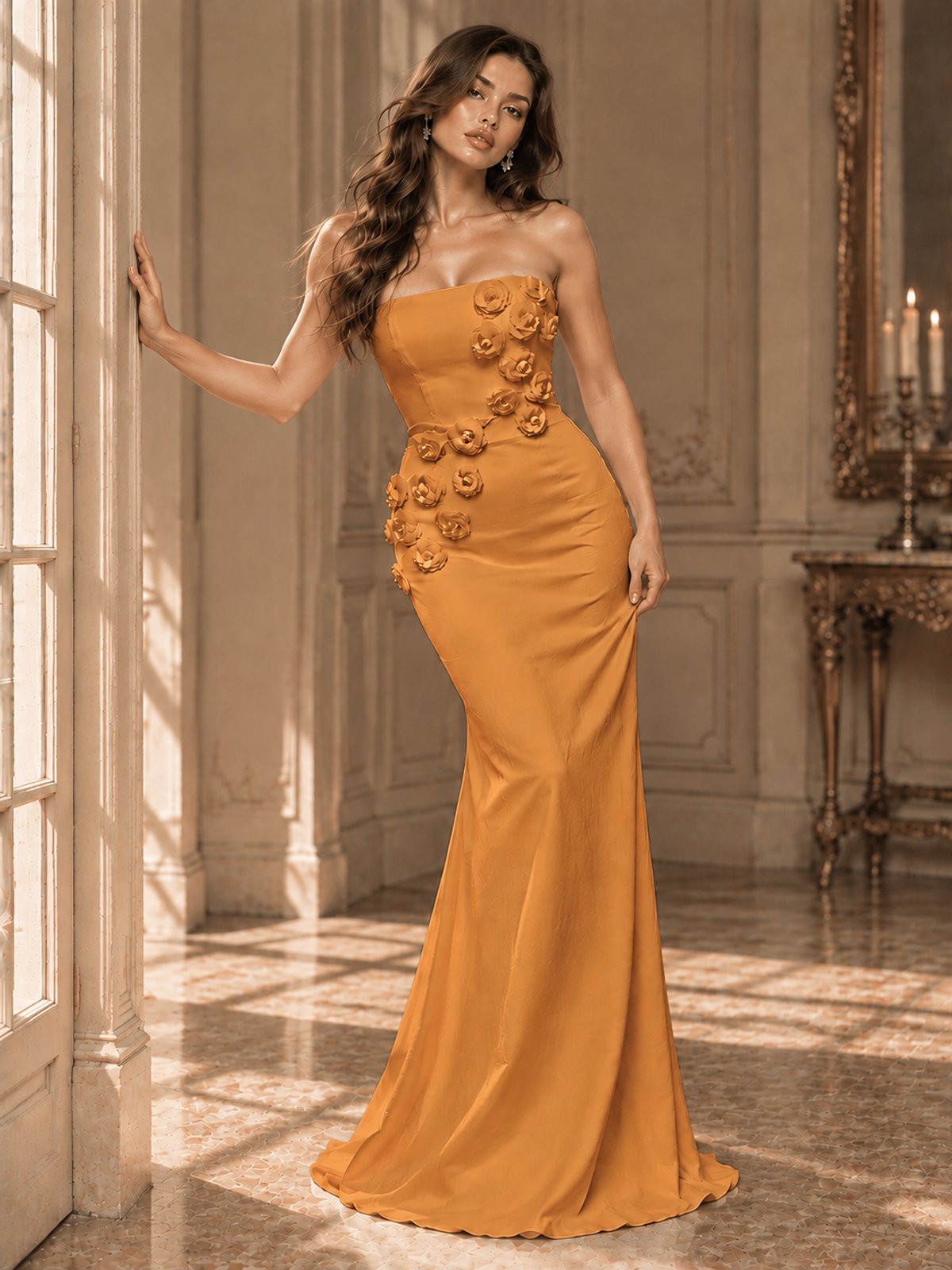 White Strapless Mermaid Maxi Dress with 3D Floral Appliques