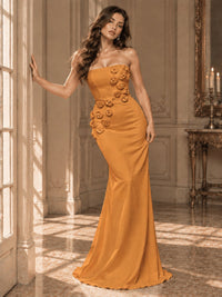 White Strapless Mermaid Maxi Dress with 3D Floral Appliques